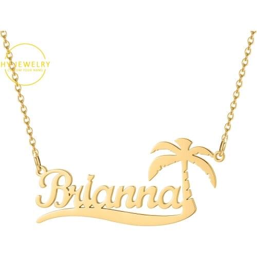 Custom Name Necklace With Palm Tree Symbol Personalise Name Necklace For Women Stainless Steel Names Chain Summer Jewelry Gifts