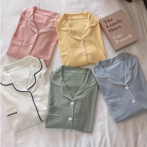 Womens Pajamas Sets Solid Color Femme Nighty Spring Autumn Casual Sleepwear Cotton Girls Turn-down Collar Cute Nightwear
