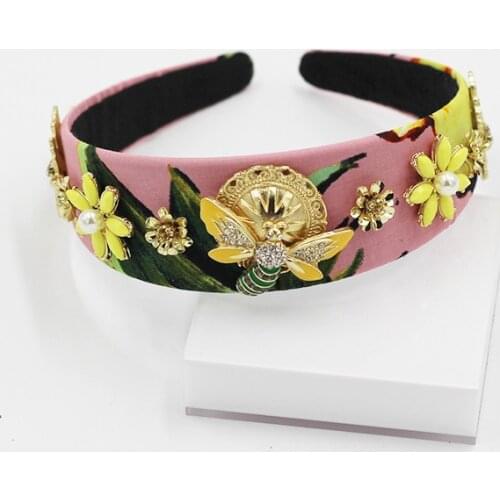 Vintage Ladies Baroque Headband Luxury Pearl Glass Inlaid Irregular Bee Flower Girl Hairpin Ladies Fancy Headdress Headband