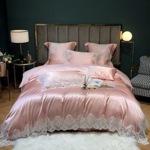 Luxurious Silk And Cotton Pink Champagne Lace Design Duvet Cover Bed Linen Fitted Sheet Pillowcases Bedclothes King Queen