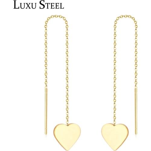 LUXUSTEEL Heart Tassel Chains Drop Earrings Stainless Steel Minimalist Geometry Long Earring Collier Bijoux