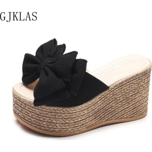 9cm Heels Summer Beach Platform Women Wedge Slippers Appliques Bowknot Female Sandals Clog Shoes Slides Women High Heel Shoes