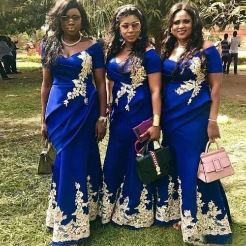 YiMinpwp Blue Mermaid Bridesmaid Dresses Off Shoulder Floor Length White Appliques Satin Pleats Wedding Guest Party Gowns