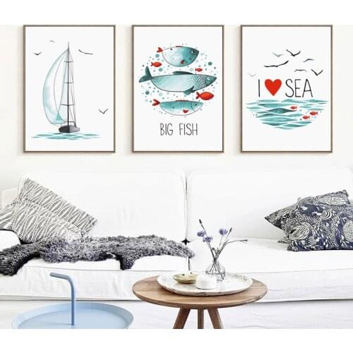 Nordic Minimalist Marine Fish Sailboat And Seagull Poster Print Canvas Painting Picture Home Wall Art Decoration Wall Stickers