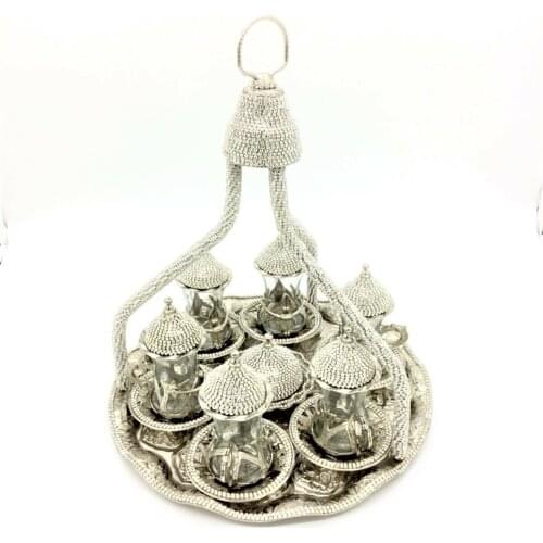 Turkey authentic AMAZING Gift algel Swarovski Stone Embroidered 6 Piece Silver Tea SetFREE SHIPPING FREE SHIPPING FREE SHIPPING