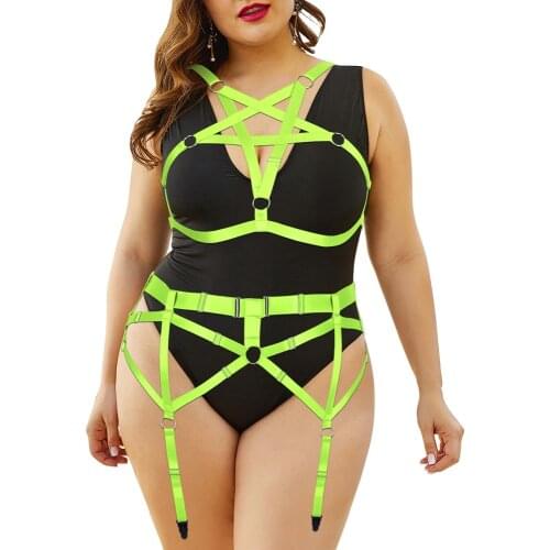 Pentagram Tops Accessories Plus Size Busty Womens Erotic Lingerie Bondage Full Body Harness Belt Cage Bra Goth Exotic Suspender