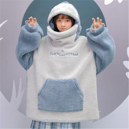 2021 Aesthetic Shark Anime Hoodie Women Korean Kawaii Crewneck Long Sleeve Oversized Streetwear Kpop Fall Winter Clothes Top