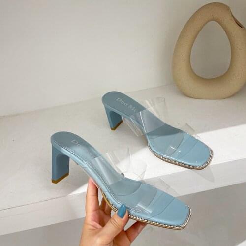 Clear Double band slippers women sandals summer high heels shoes woman flipflops pumps square toe rhinestones transparent slides