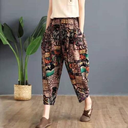 2021 New Arrival Summer Arts Style Women Loose Casual Vintga Print Ankle-length Pants Elastic Waist Cotton Linen Harem Pants W50