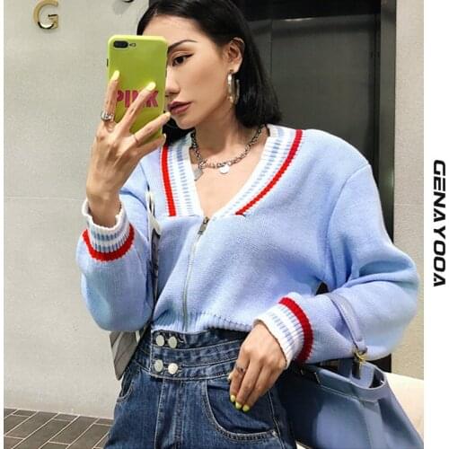 Genayooa V-neck Streetwear Women Cardigans 2021 Autumn Spring Korean Zippers Women Sweater Patchwork Knit Tops Ladies Y2k