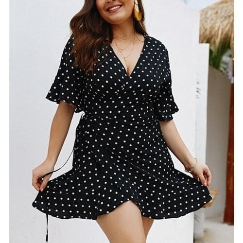 Plus Size Summer Women fashion Polka Dot Deep V Sexy Short Sleeve Bandage Cross Party Club Mini Dress купальники женские 2021