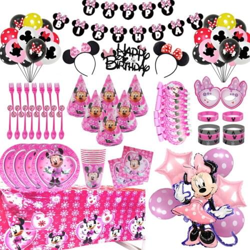 127pcs Minnie Mouse Theme Sets Baby Shower Birthday Party Supplies Disposable Tableware Plates Cups Kids Girls Party Decorations