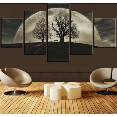 5 Pieces Moon Canvas Wall Art Painting Night Landscape Posters Tree Pictures For Home Decor Improvement Furniture Wallpaper