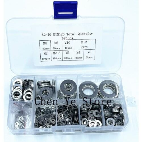 620pcs Flat Washer Set Stainless Steel M2 M3 M4 M5 M6 M8 M10 M12 Ring Gaskets Kit Plain Washers Metal Washer Assortment Kit