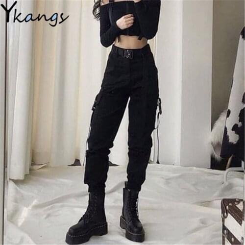 Big Pockets Cargo Pants for Women Streetwear Hip Hop Elastic Wide High Waist Chains Trousers Joggers for Teens Solid Black Pants