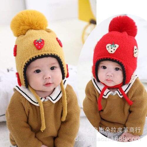 Childrens Hat Autumn and Winter Strawberry Ear Protection Woolen Cap Childrens Knitted Hat Baby Girls Warm Hat