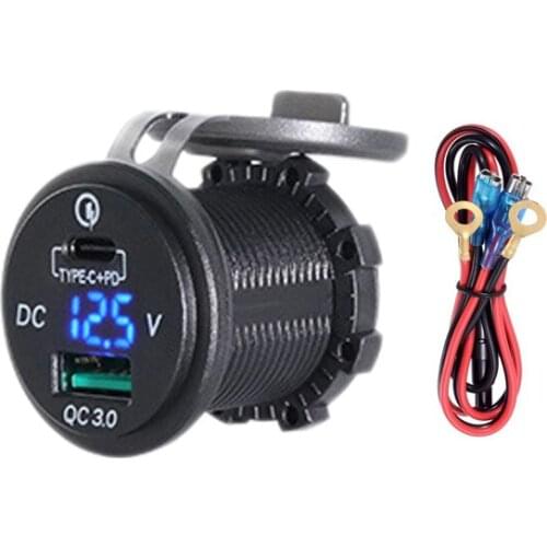 Dual USB Charger Socket Adapter with LED Voltmeter Waterproof Dustproof Cover for 12/24V Car Motorcycle Boat PD Type C+QC 3.0 B