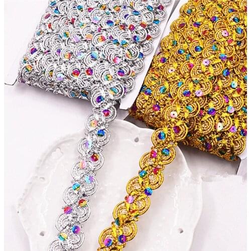 Sequined Lace Band 12 Yds Appliqued Colored Sequins Ribbons Belt Braided 3D Gold Flower Sewing Apparel Trim Handmade 2.7m Wide