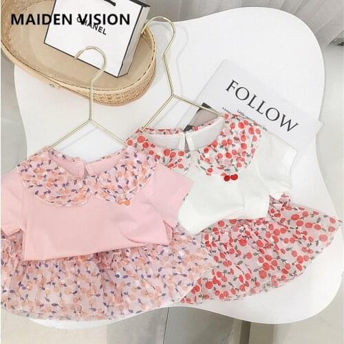 Summer kids short sleeved cotton T-shirt siut for girls chiffon skirt girl baby cherry print Dress 2piece suit Baby clothes