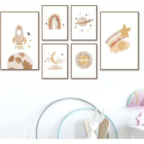 Cute Cartoon Rocket Earth Sun Moon Stars Planet Wall Art Canvas Painting Nordic Posters And Prints Wall Pictures Kids Room Decor