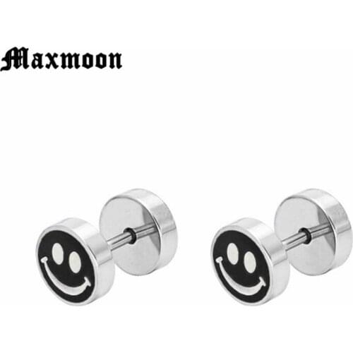 Maxmoon Stainless Steel Stud Earrings for Men Smiling Face Star Earring Man Barbell Earrings Fashion Male Jewelry Pendientes