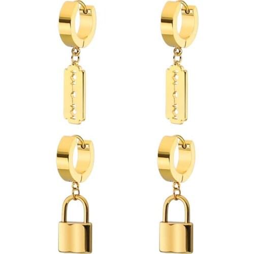 Lock Blade Earrings for Men 2021 New Stainless Steel Kpop Punk Hip Hop Gothic Edgy Razor Blade Hoop Earrings Black Gold Jewelry