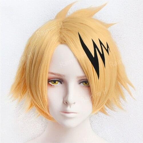 Anime My Hero Hero Academia Denki Kaminari Wigs Short Golden Heat Resistant Synthetic Cosplay Wig + Wig Cap + Black Lightening