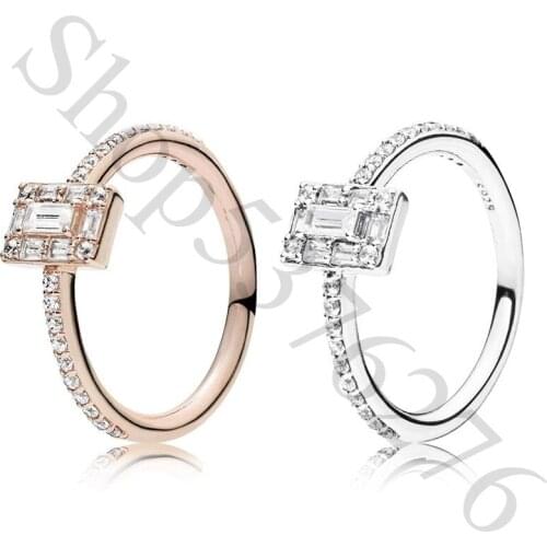 Authentic 925 Sterling Silver Luminous Ice Square Halo Fashion Ring For Pandora Women Bead Charm Gift DIY Jewelry