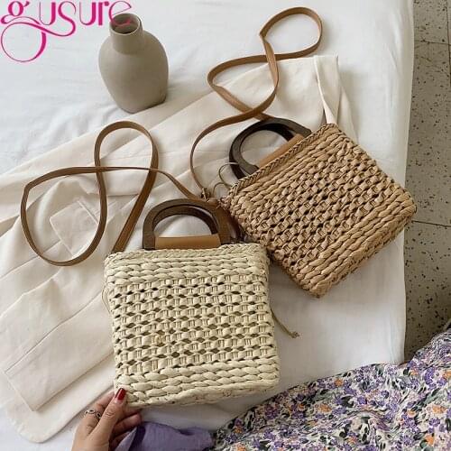 Gusure Elegant Female Bucket bag Summer Beach High-quality Straw Womens Designer Handbag Woven Travel Shoulder Messenger Totes
