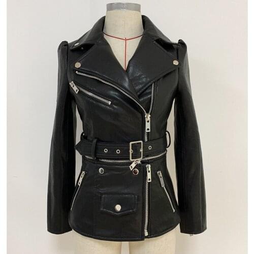 Free Shipping High Quality 2021 British Style Black Leather Jacket Women Removable Hem Elegant Slim Jackets High Street