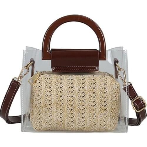 Womens Messenger Bag Transparent Straw Shoulder Bag Clear Top Handle Crossbody Bag Shoulder Purse With Straw Inner Bag