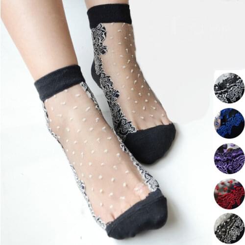 Women short socks Colorful Ultrathin Transparent Beautiful Crystal Lace Elastic Short Socks Calcetines Pink Sock for Women meias