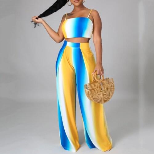 Women Summer High Waist Pant Two Piece Fashion Sleeveless Strap Tube Top &Printed Trousers Set Casual Loose Wide Leg Pant Suit