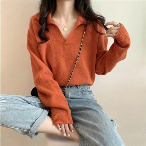 2021 Women Pullovers Sweater Solid V-Neck Slim Trendy Females Leisure Elegant Loose Knitted Long Sleeve Korean Style Outwear New