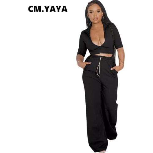 CM.YAYA Women Tracksuit Solid Zip Crop Tops + Wide Leg Pants Two 2 Piece Sets Fashion Outfits Active Sportswear Autumn 2021