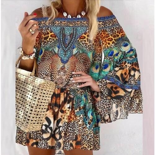 Off Shoulder Animal Leopard Print Long Sleeve Dress Spring Slash Neck Flare Sleeve Mini Dress Women Boho Autumn Pullover Dresses