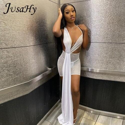JusaHy Solid White See Through Mesh Mini Dress for Women Skinny Halter Sleeveless Backless Extended Gauze Sexy Clubwear Skirts