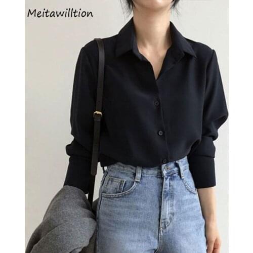 2021 Korean Ladies Long Sleeve White Blouse Shirts Casual Turn Down Collar Office Women Shirts Female Black Tops