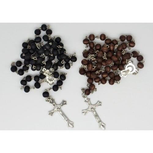 24x Rose Scented Perfume Wood Rosary Beads INRI JESUS Cross Pendant Necklace Catholic Fashion Religious jewelry