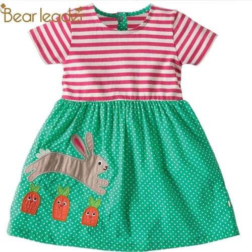 Bear Leader Girls Dress Casual Children Outfits Short Sleeve Striped Patchwork Clothing Cartoon Rabbit Dress with Dots Cute Kids