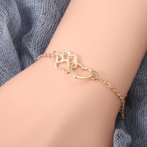 Simple Fashion Hollow Love Heart Pet Paw Bracelet Lovely Pat Cat Dog Footprint Hand Chain Charms Women Chic Jewelry