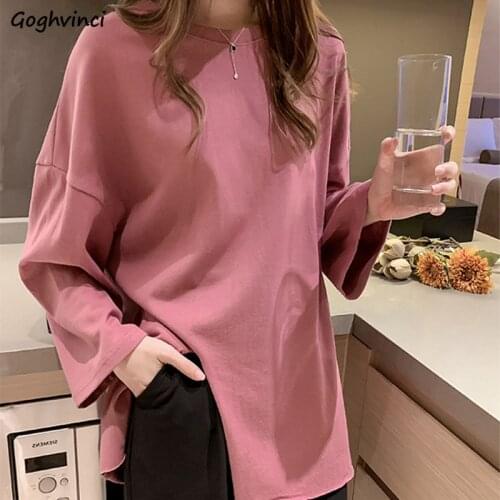 Long Sleeve T-shirts Women Solid Side-slit Chic Korean Style Loose Ulzzang Teens BF Autumn Fashion Vintage All-match Femme Tops