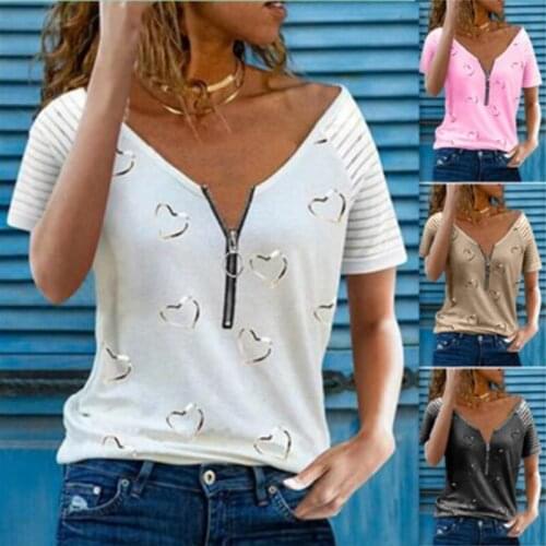 Womens Printed T Shirt V Neck Zipper Casual Loose Short Sleeve Top Summer Fashion Sexy Plus Size Clothing