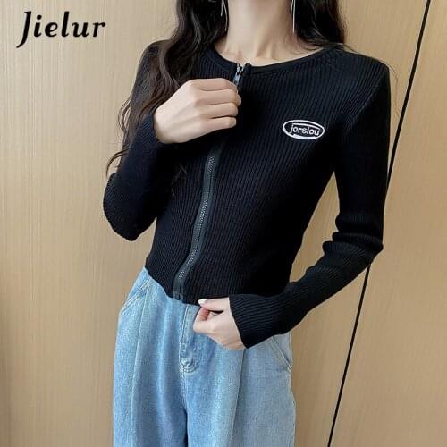 Jielur Autumn Knitted Cardigan Short Jacket Female Women Knitwear Street Fashion Retro White Gray Black Slim Zipper Crop Top