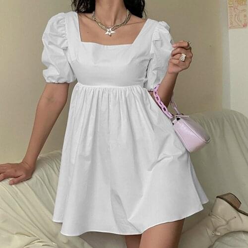 Summer new cute puff sleeve woman dress white backless bandage mini dress