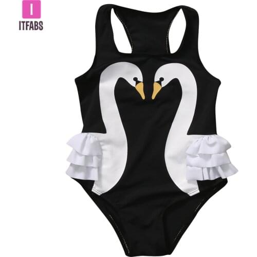 Summer Children Kids Girls Swimwear 3D Swan Print One Piece Swimsuit Baby Girl Clothes Flower Halter Beach Bathing Suit 2-7T