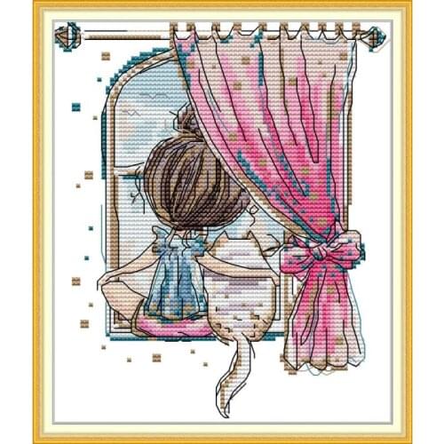Little Girl and Fat Cat Patterns Cross Stitch Kit Counted Printed Canvas 11CT 14CT Stamped Needlework Set Concert Embroidery Kit