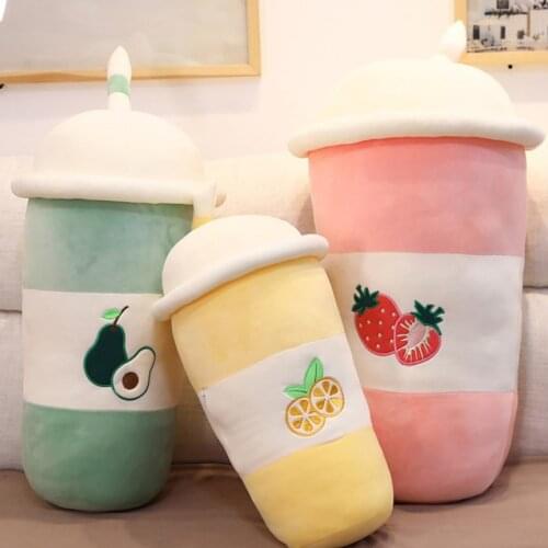 New Cute Fruit Milk Tea Cup Pillow Kawaii Strawberry Lemon Avocado Plush Toy Soft Back Cushion Childrens Toy Girl Gift