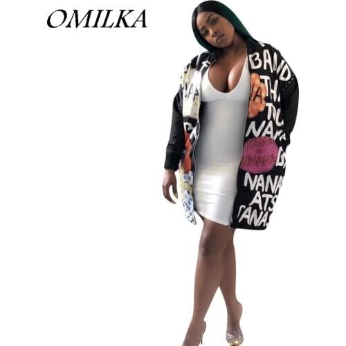 OMILKA 2018 Autumn Winter Women Long Sleeve Letter Cartoon Printed Zipper Long Trench Coat Casual Loose Black Hip Hop Outwear