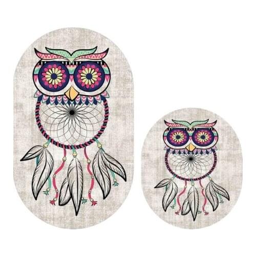 Baykuş Desenli 2'li Oval Banyo Paspas Seti Klozet Takımı Banyo Halı Seti Renkli Baskılı Halı